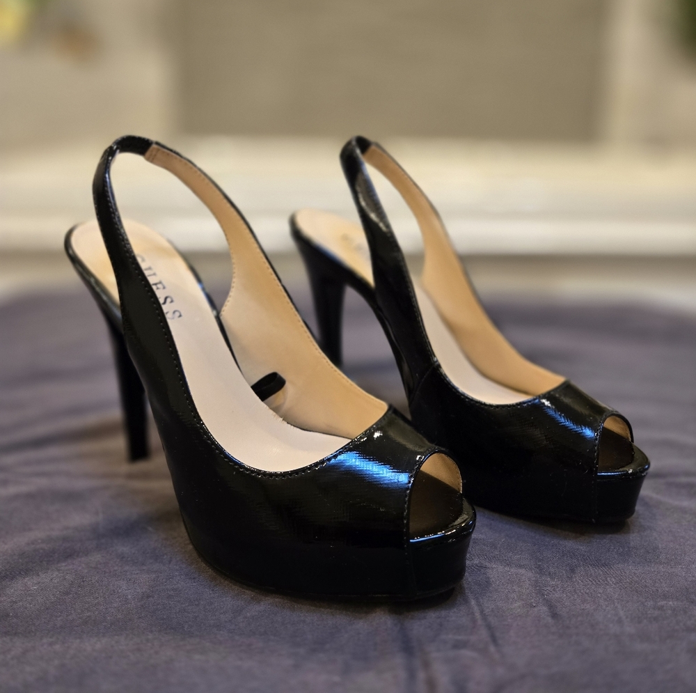 Guess Black Patent Leather Slingback Heels